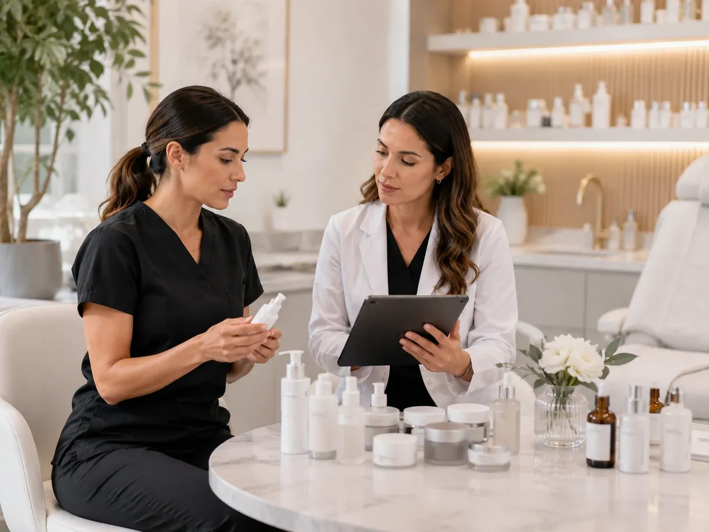 Aesthetic professionals reviewing professional skincare products and treatment planning for a Canadi