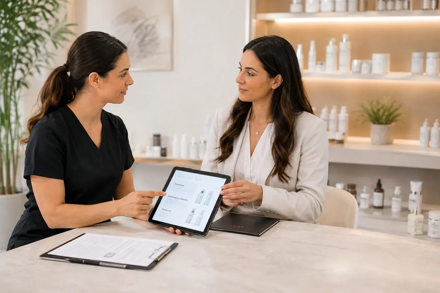 Aesthetic professionals reviewing a personalized skincare treatment and homecare plan during a profe