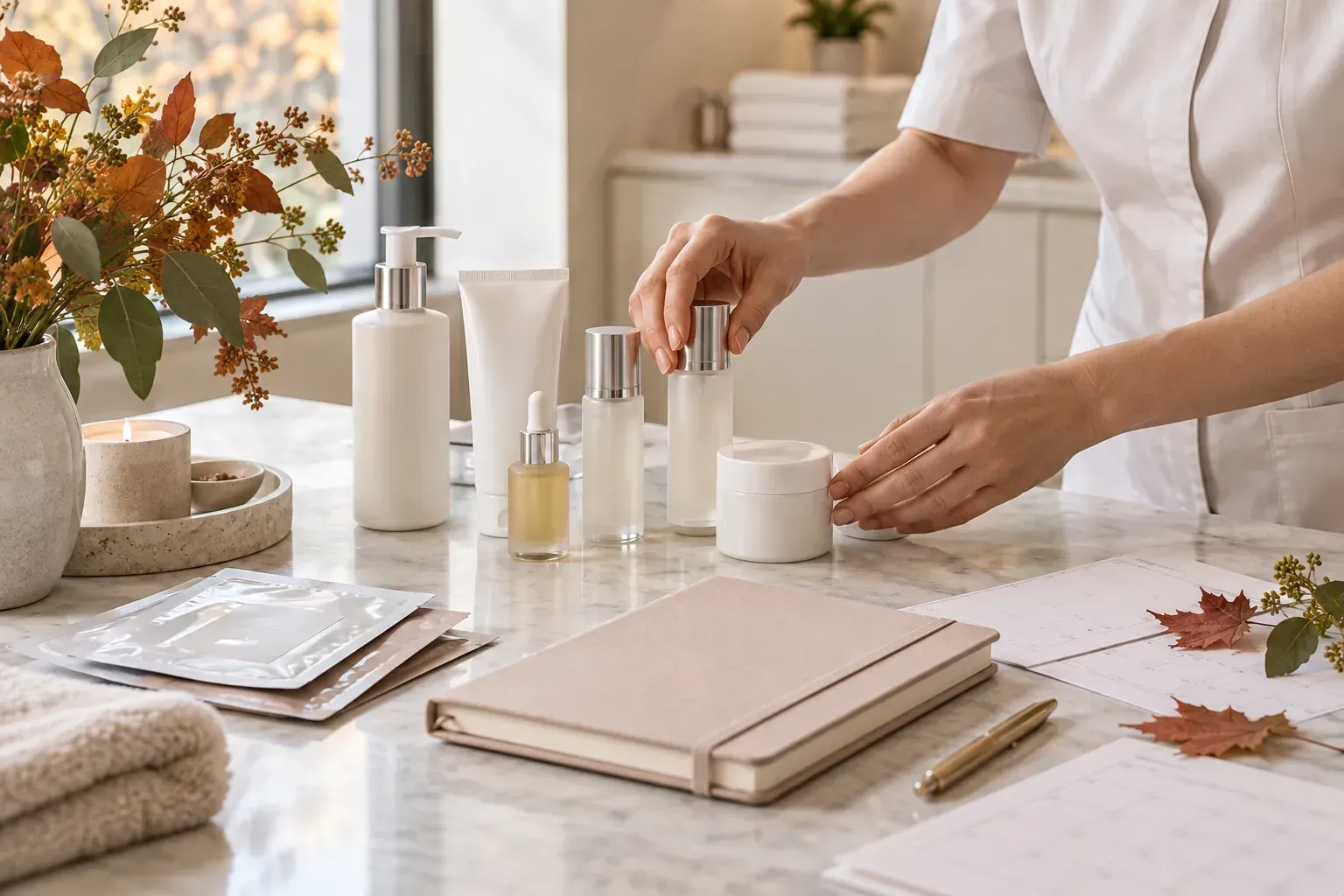 Professional arranging seasonal skincare products and treatment plans for a Canadian skin clinic.