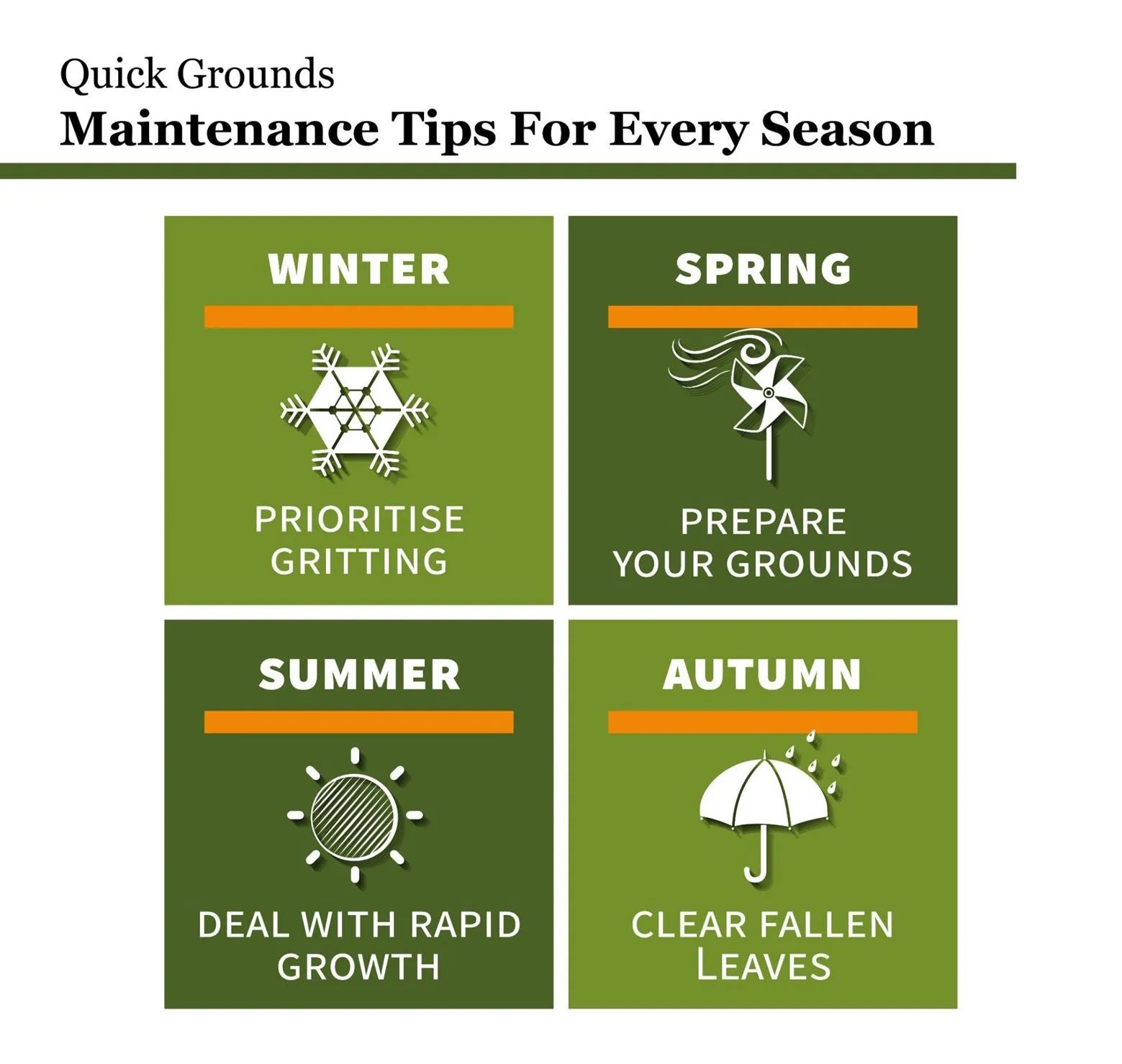 Seasonal grounds maintenance tips for winter, spring, summer, and autumn.