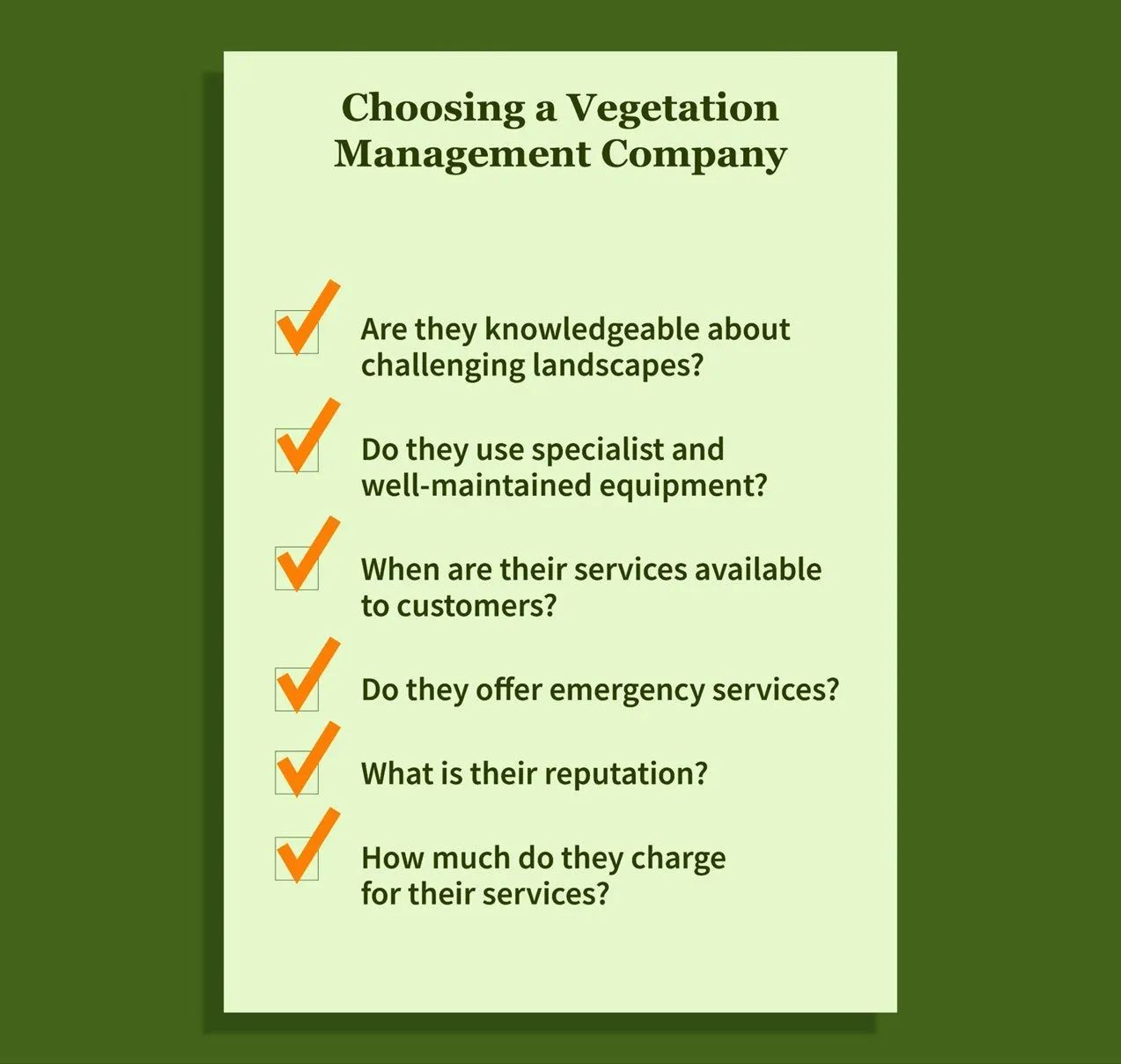 Checklist for choosing a vegetation management company.