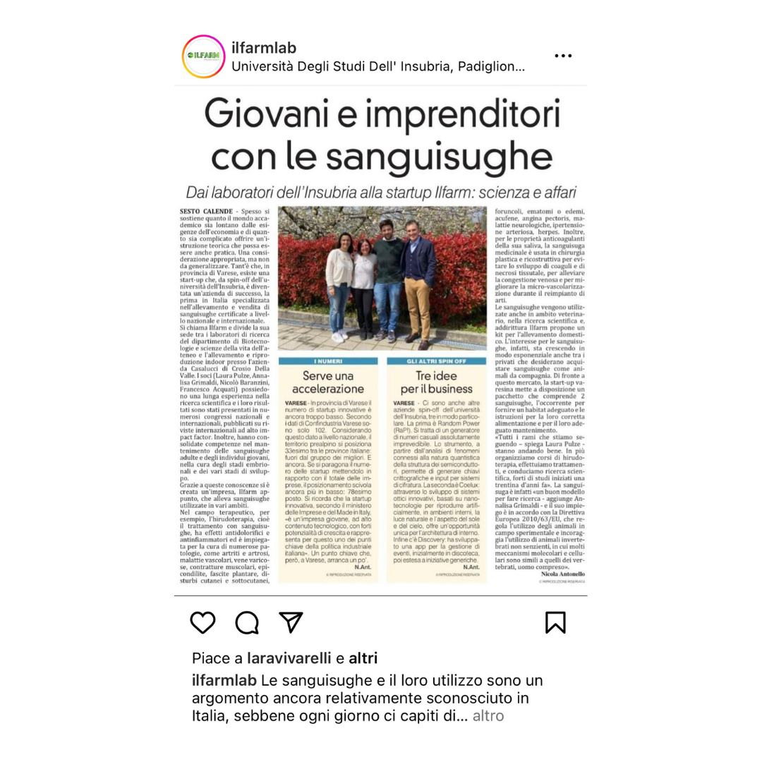 A newspaper article about giovani e imprenditori con le sanguisughe.