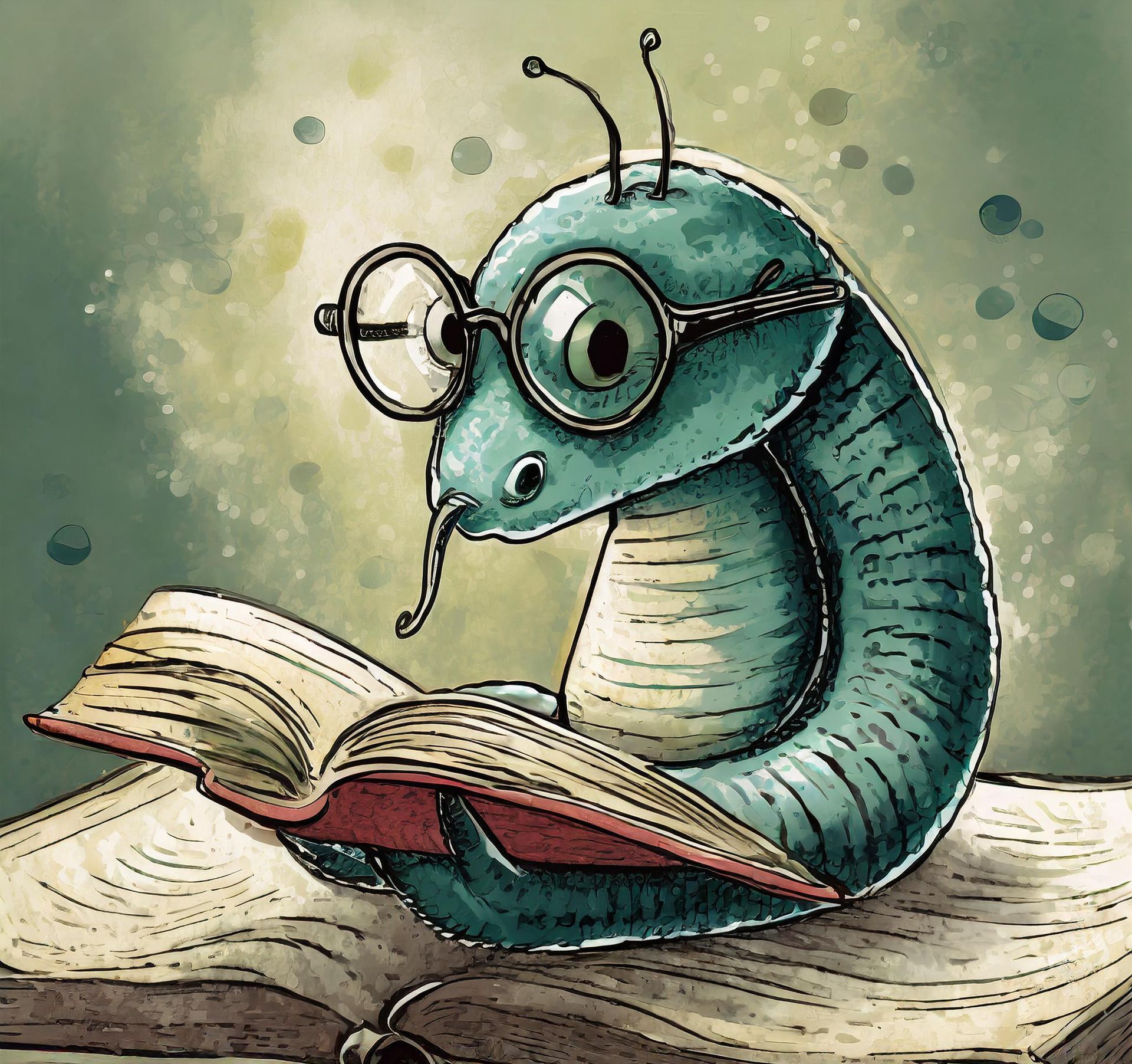 Un verme dei cartoni animati che indossa gli occhiali sta leggendo un libro.