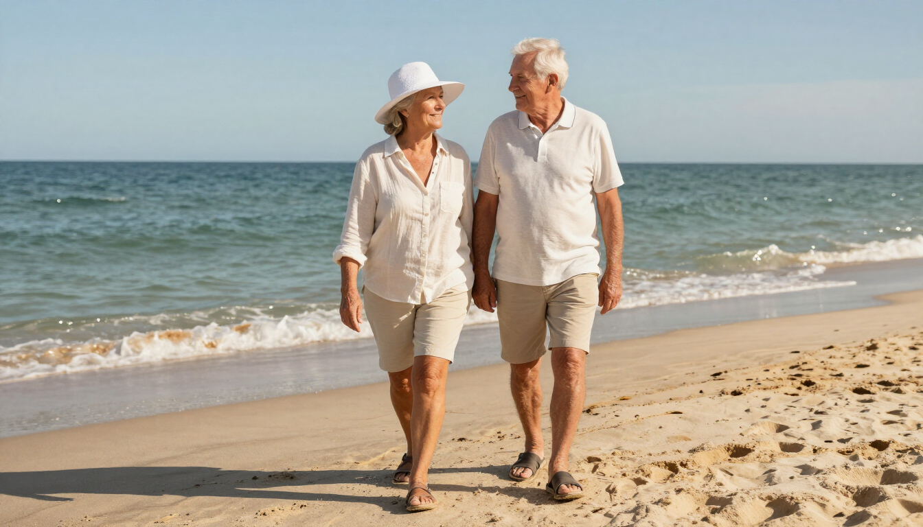 Two people walking barefoot on a sunny beach beside the ocean, wearing light summer clothes.