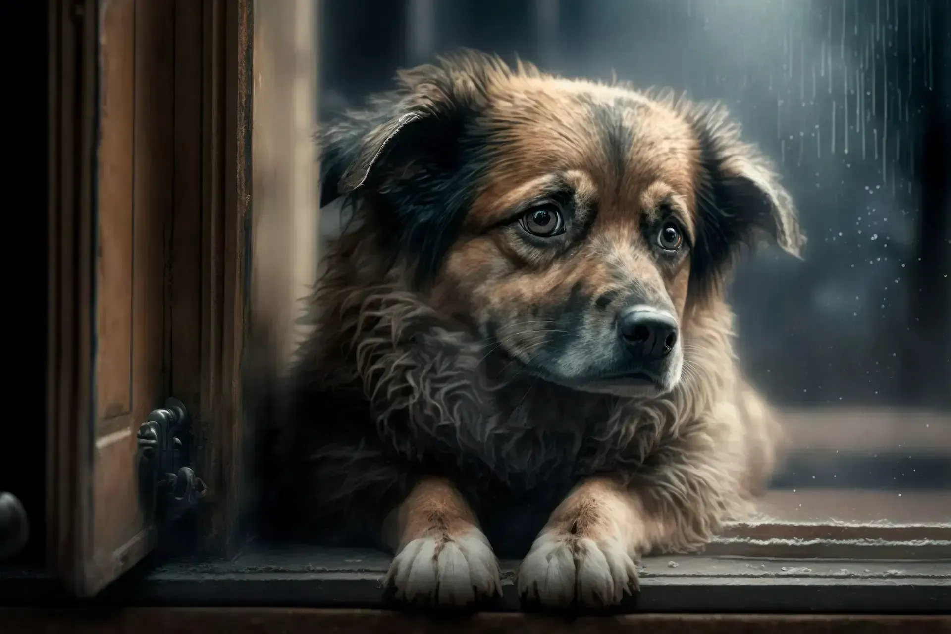 Sad shaggy dog resting on a windowsill in the rain, looking outside