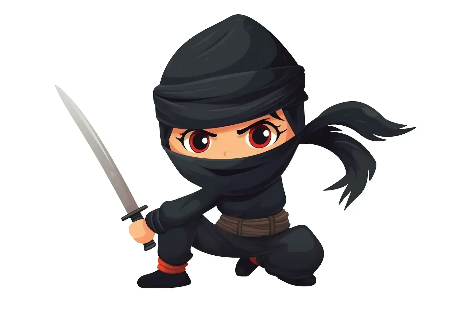 Cartoon ninja in black outfit holding a sword, in a crouched fighting pose on a white background