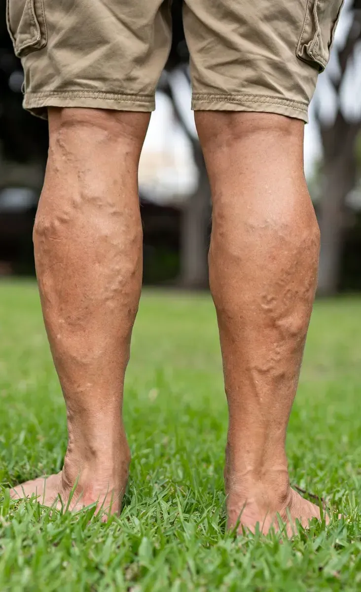 Close-up of bare lower legs and feet standing on grass, showing varicose veins.