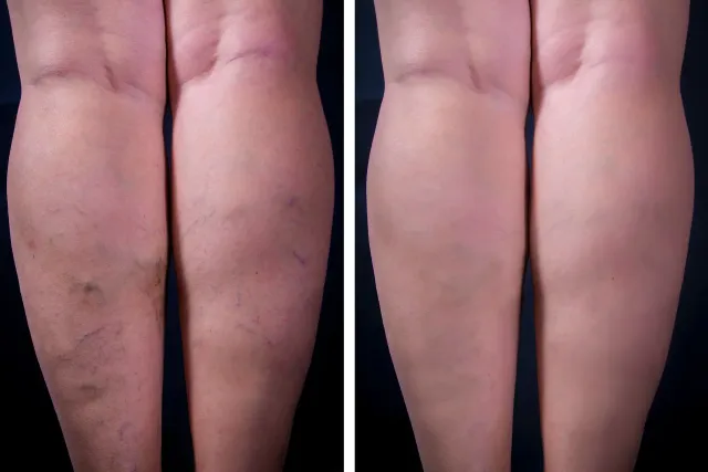 Side-by-side close-up of two lower legs, one with visible dark spots and one smooth and clear