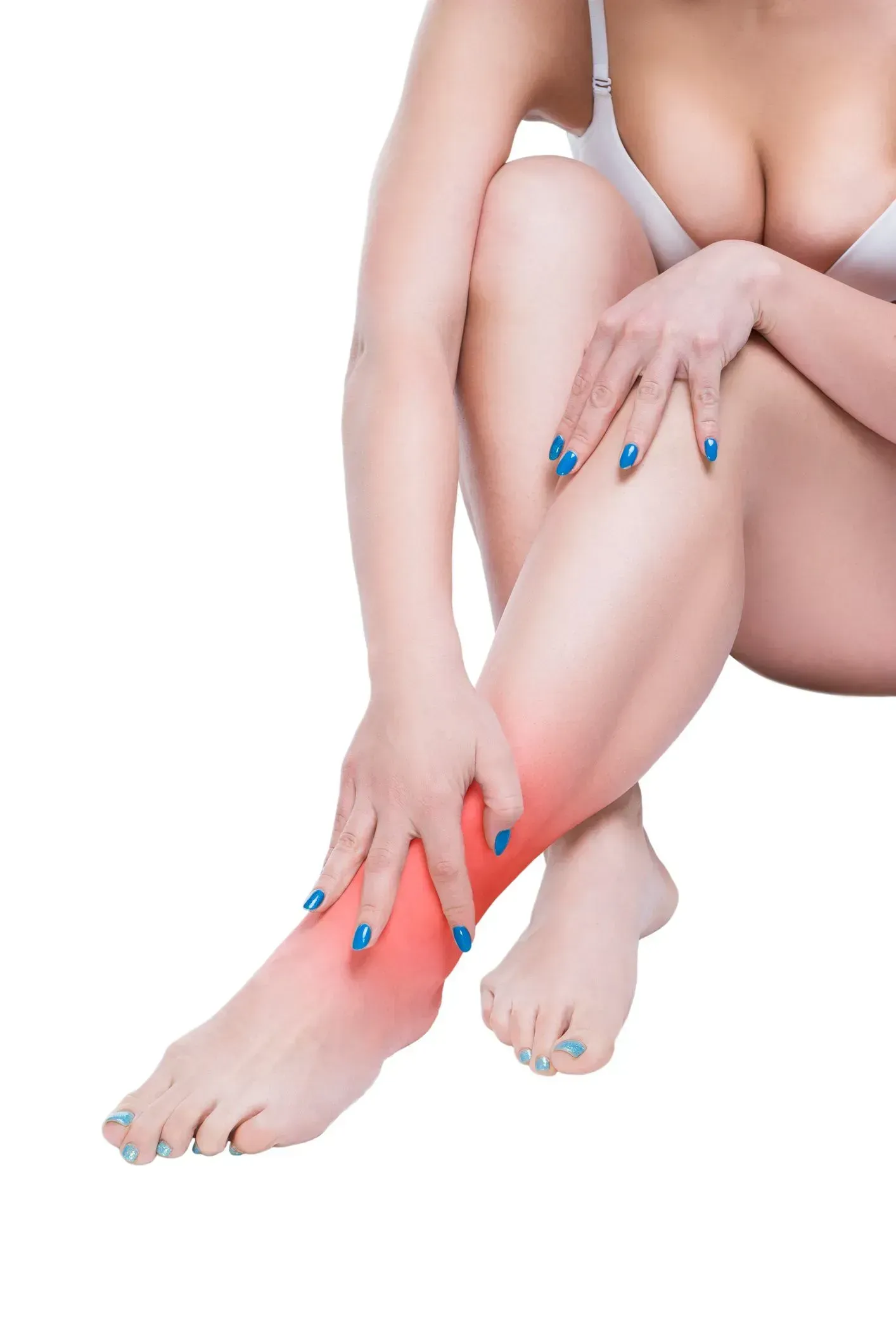 Close-up of bare feet and legs with hands touching the ankle and toes, nails painted blue and coral.