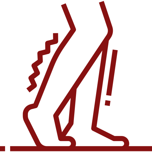 Red outline of a person with back pain, leaning forward and holding their lower back.
