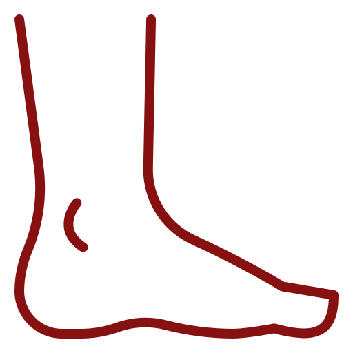 Red line drawing of a foot and lower leg wearing a high-heeled shoe