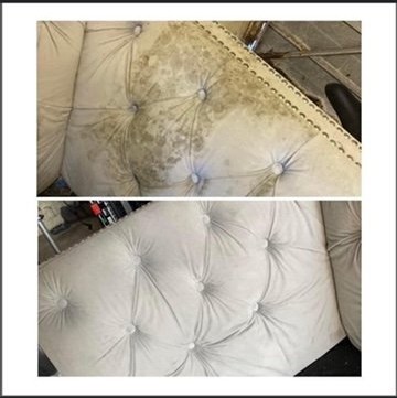 A before and after picture of a couch that has been cleaned.
