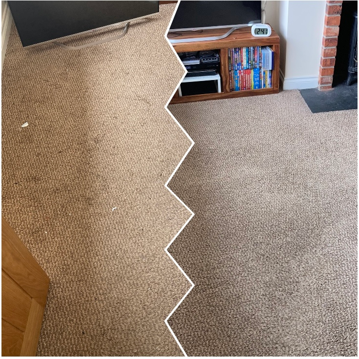 A before and after picture of a living room carpet being cleaned.