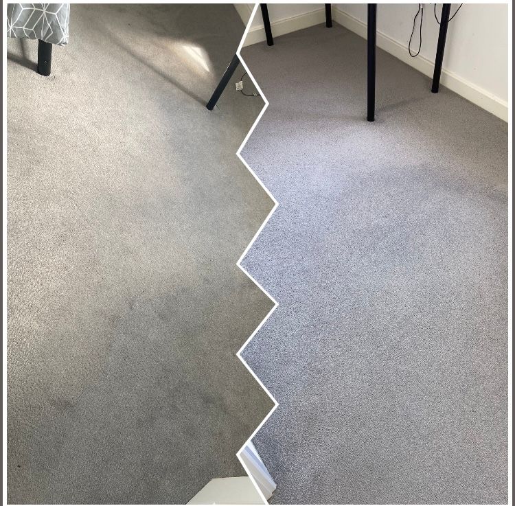 A before and after photo of a carpeted floor