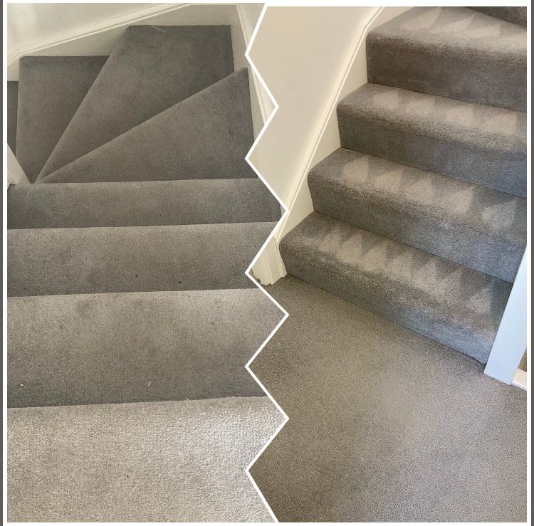 A picture of a staircase before and after being cleaned
