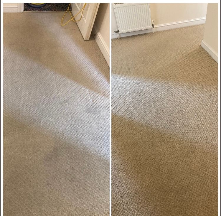 A before and after picture of a carpet in a room.