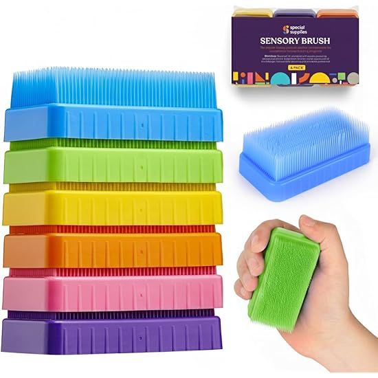 Stack of colorful sensory brushes with small packaging inset and hand holding a green brush