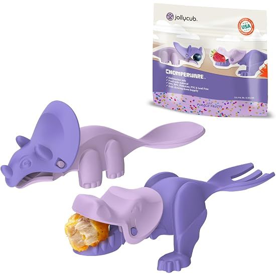 Purple dinosaur-shaped cat toy with feathers and catnip packaging on a white background