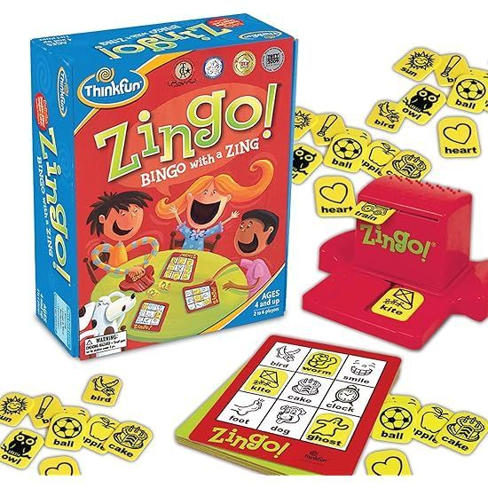 Zingo! board game box, tile tray, and matching picture tiles on a white background