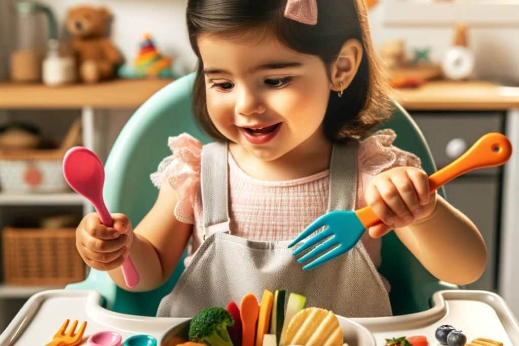 A little girl is sitting in a high chair eating vegetables with a fork and spoon.