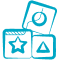 A stack of blue blocks with a star , triangle and a clock on them.