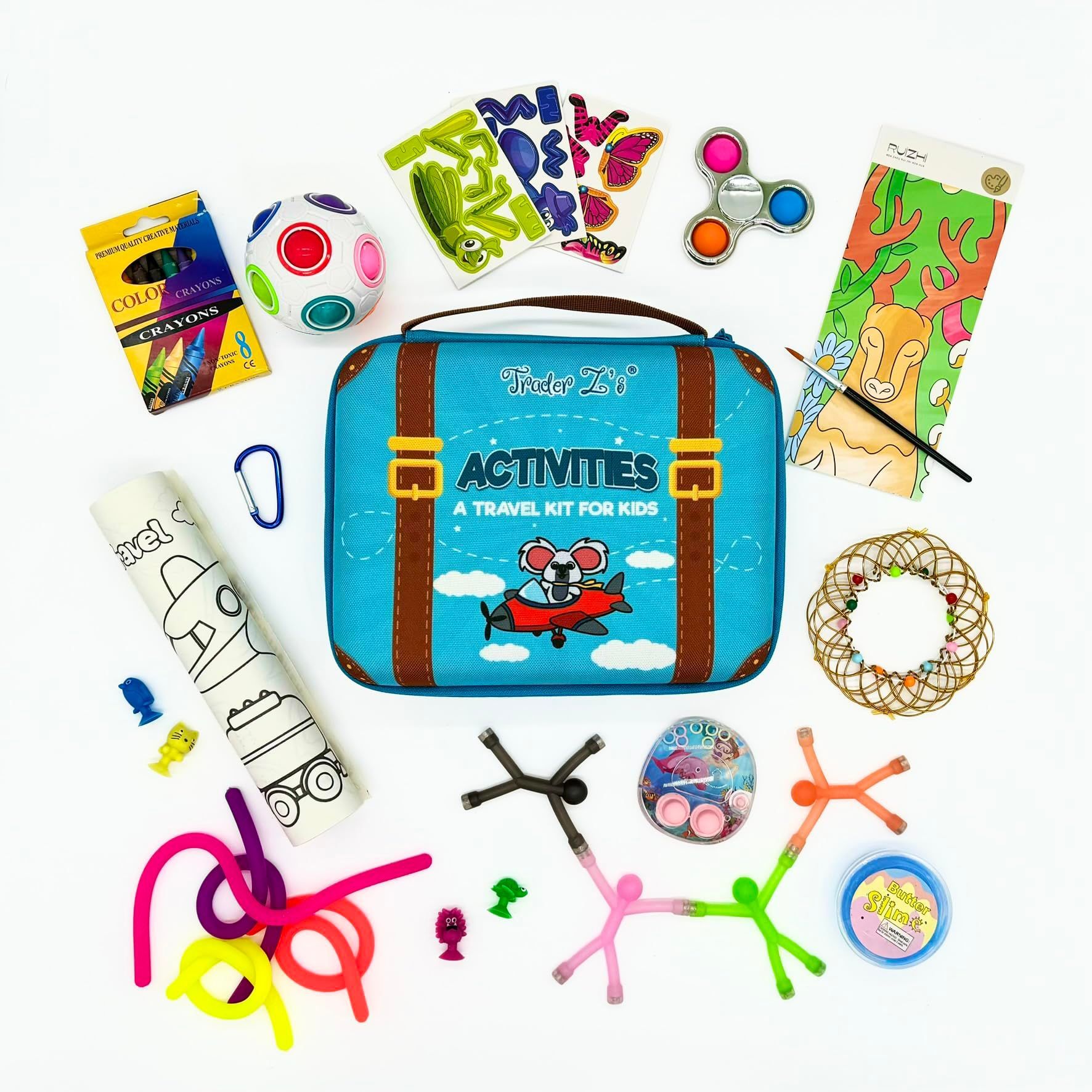 A suitcase filled with toys and a travel kit for kids.