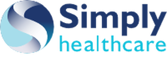 The logo for simply healthcare is blue and white