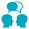 Three heads with speech bubbles between them on a white background.