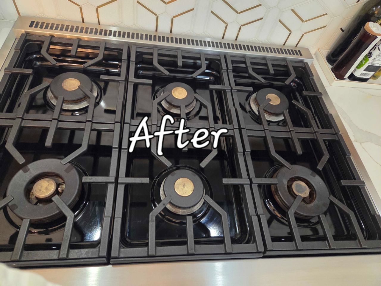 Clean black gas stovetop with six burners and the word “After” overlaid.