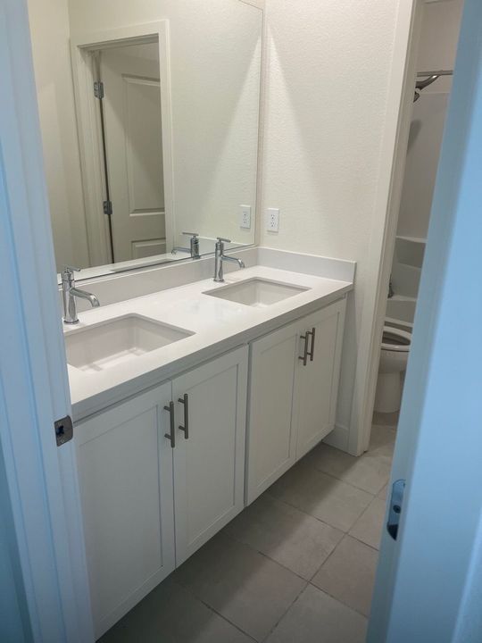 Modern bathroom with white vanity, mirror, sink, and walk-in shower visible through an open door