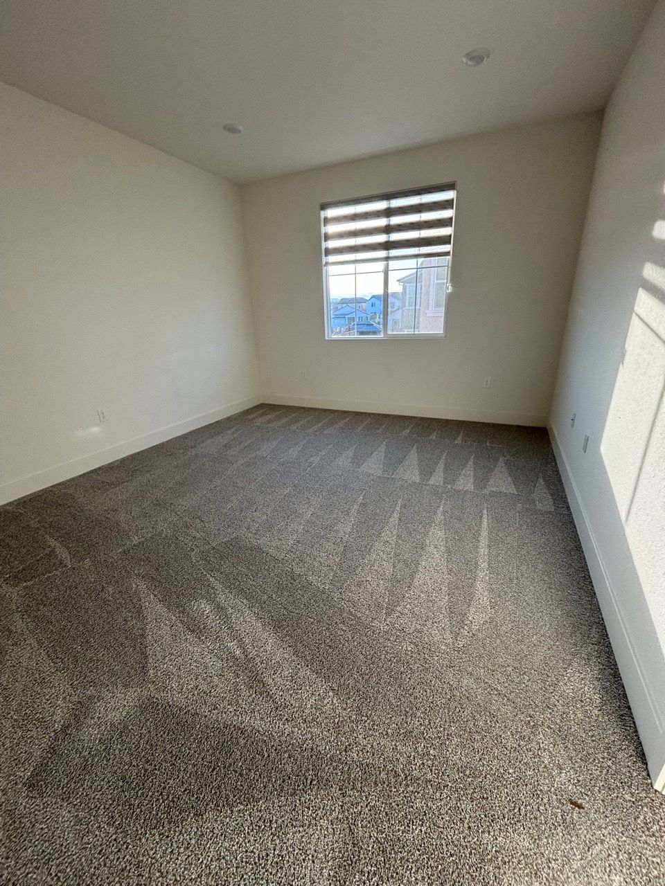 Empty beige bedroom with carpet, window blinds, and a closet door.
