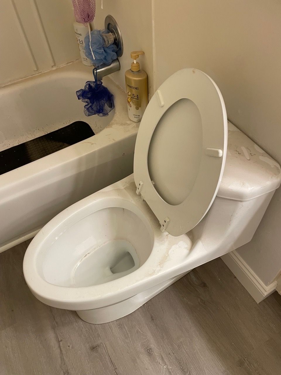Open toilet in a small bathroom beside a bathtub, with a blue loofah and bottle nearby.