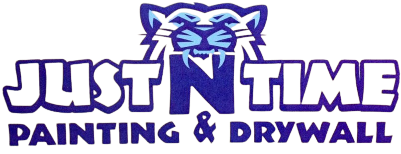 Just Time Painting & Drywall logo with a blue tiger head and bold purple text