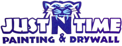 Just Time Painting & Drywall logo with a blue tiger head and bold purple text