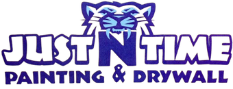 Just Time Painting & Drywall logo with a blue tiger head and bold purple text