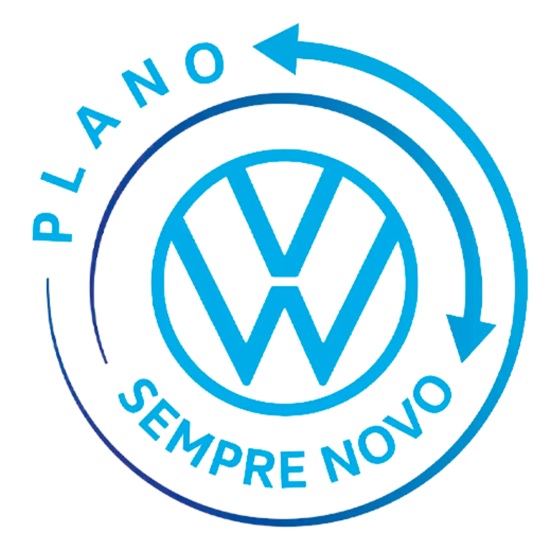 Logotipo azul da VW com setas circulares e a inscrição “Plano Sempre Novo”.