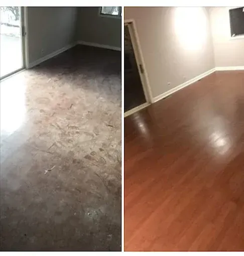 Before-and-after view of a room: worn gray carpet on the left, polished reddish hardwood floor on the right.