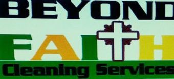 Beyond Faith Cleaning Services logo with green, black, orange text and a cross icon