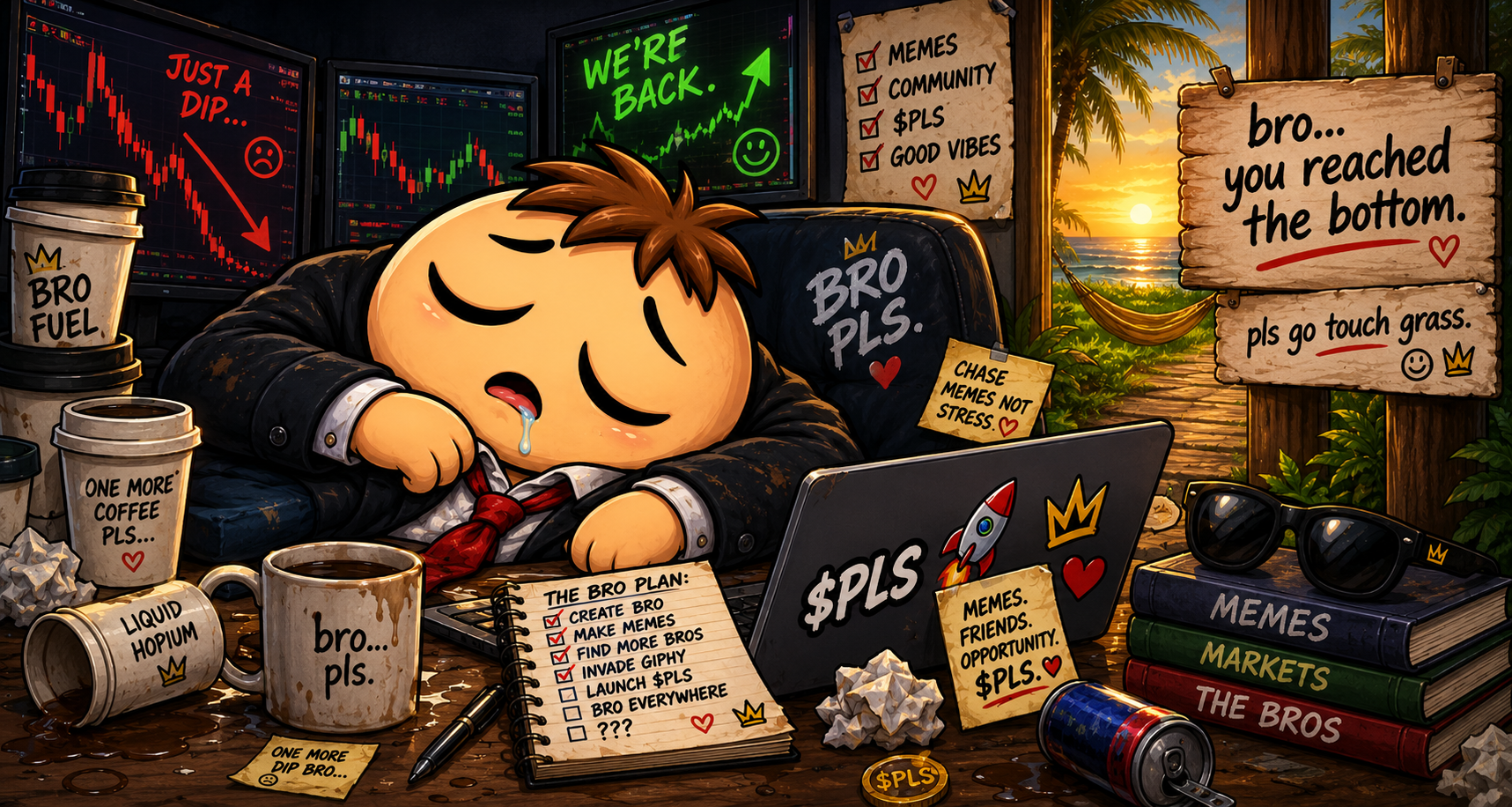 Bro asleep at his desk surrounded by cold coffee and red charts, beside a sign reading: bro, you reached the bottom. pls go touch grass.
