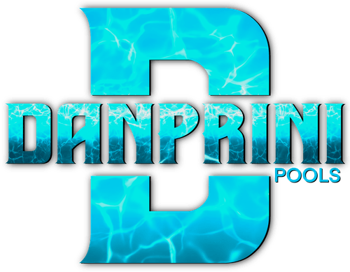 Blue water-textured "DANPRINI Pools" logo with large stylized D