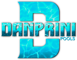 Blue water-textured "DANPRINI Pools" logo with large stylized D