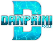 Blue water-textured "DANPRINI Pools" logo with large stylized D