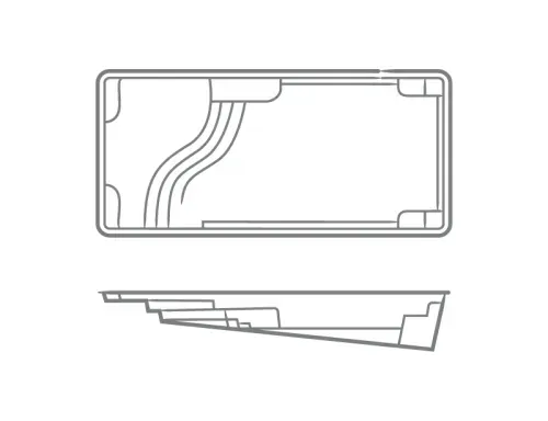 Line drawing of a rectangular tray shown from top and side views, with curved grooves and raised edges.
