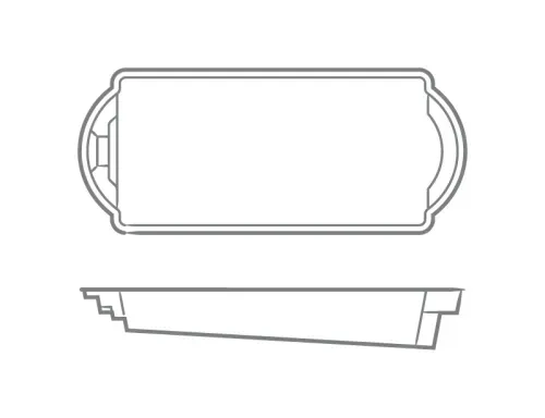 Top and side technical drawing of a rectangular tray with rounded end handles.
