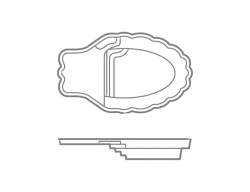 Top and side views of a scalloped-edged shoe sole with a stepped heel profile
