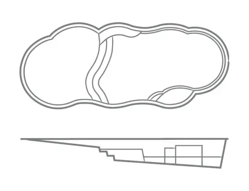 Side-view architectural sketch of a layered, organic building plan and section with stepped interior spaces