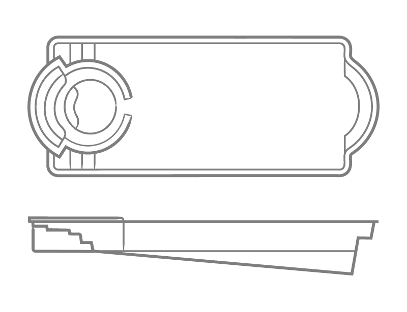 Technical line drawing of a rectangular device with a circular connector and side profile view