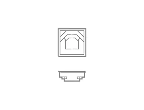 Simple gray line icon of a framed house above a small shelf or pedestal