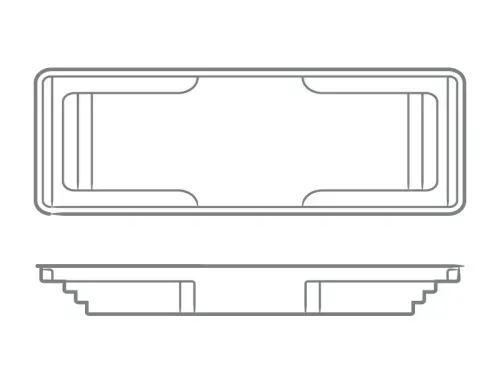 Black-and-white technical drawing of a rectangular recessed light fixture, top and side views