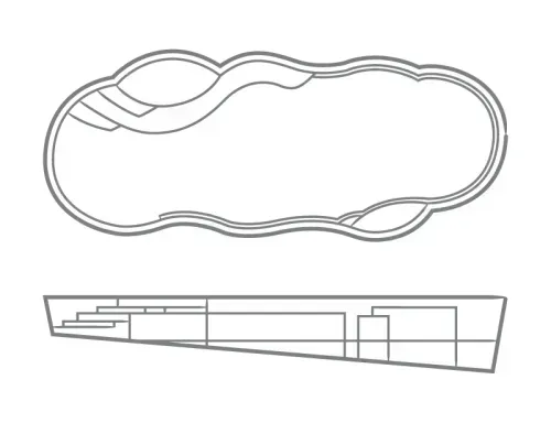 Black-and-white technical drawing of an irregular rounded shape with a side profile view beneath it